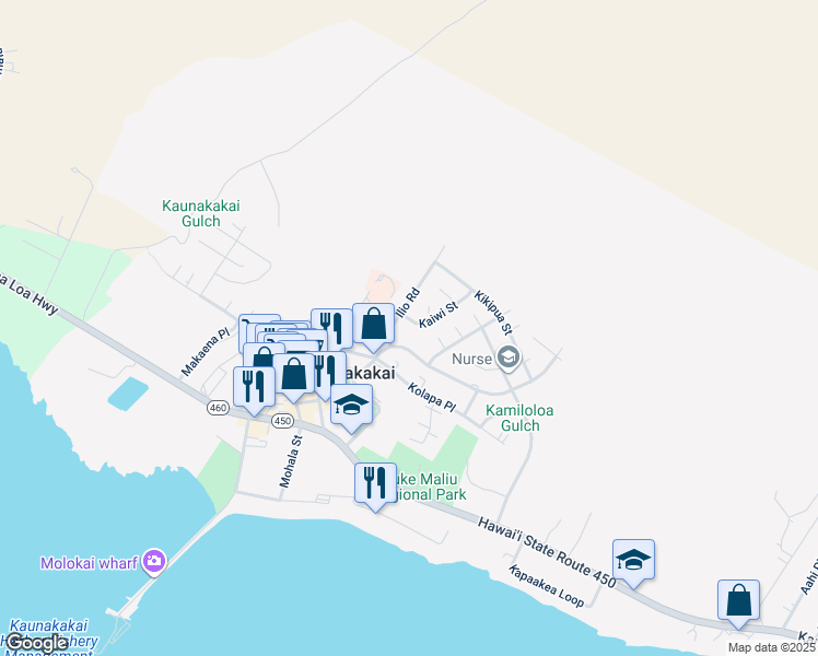 map of restaurants, bars, coffee shops, grocery stores, and more near 246 Kaiwi Street in Kaunakakai