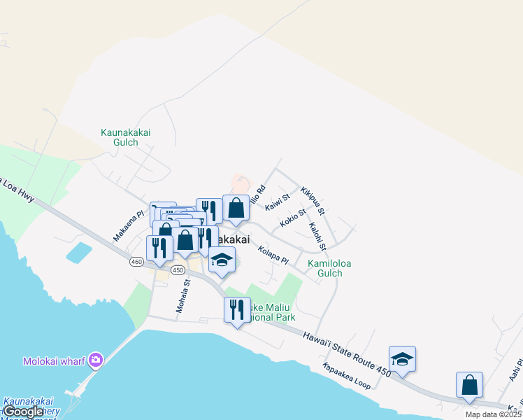 map of restaurants, bars, coffee shops, grocery stores, and more near 246 Kaiwi Street in Kaunakakai