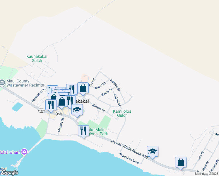 map of restaurants, bars, coffee shops, grocery stores, and more near 270 Kalohi Place in Kaunakakai