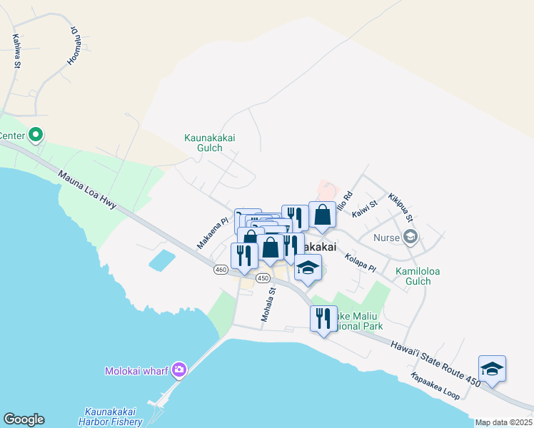 map of restaurants, bars, coffee shops, grocery stores, and more near 120 Manako Lane in Kaunakakai