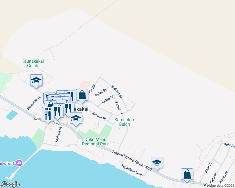 map of restaurants, bars, coffee shops, grocery stores, and more near 334 Kokio Street in Kaunakakai