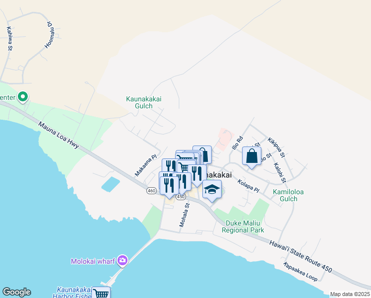 map of restaurants, bars, coffee shops, grocery stores, and more near 135 Manako Lane in Kaunakakai