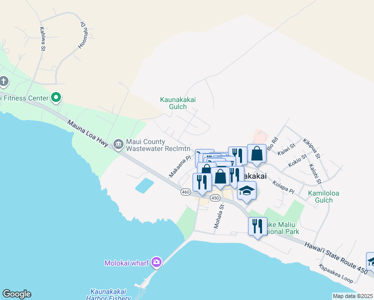map of restaurants, bars, coffee shops, grocery stores, and more near 135 Makaena Place in Kaunakakai