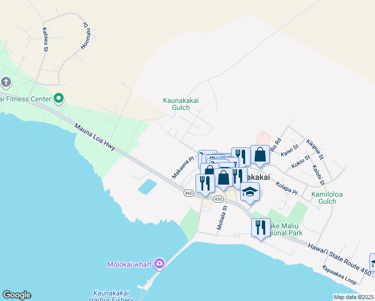map of restaurants, bars, coffee shops, grocery stores, and more near 135 Makaena Place in Kaunakakai