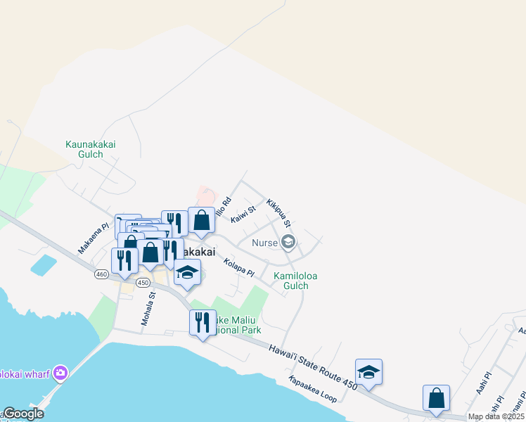 map of restaurants, bars, coffee shops, grocery stores, and more near 336 Kaiwi Street in Kaunakakai