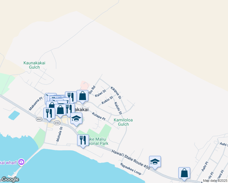 map of restaurants, bars, coffee shops, grocery stores, and more near 330 Kikipua Street in Kaunakakai