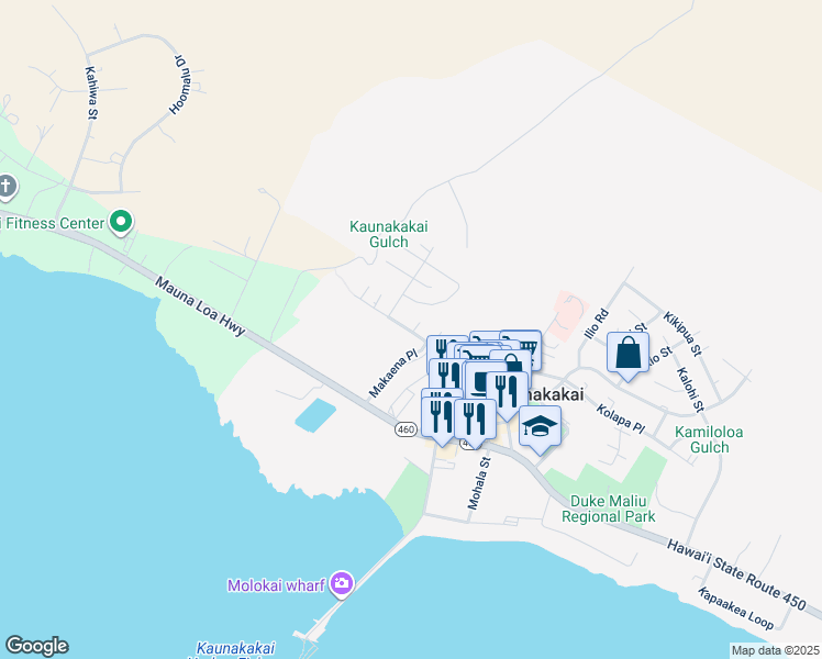 map of restaurants, bars, coffee shops, grocery stores, and more near 110 Makanui Road in Kaunakakai