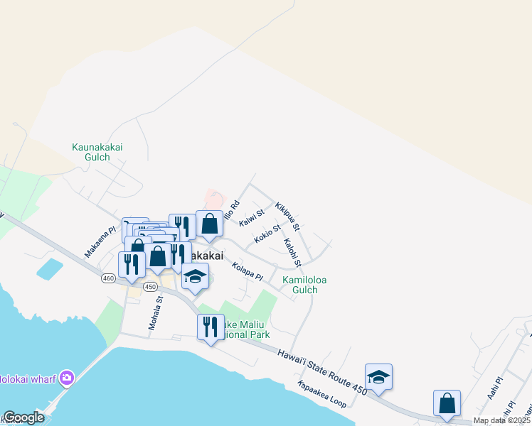 map of restaurants, bars, coffee shops, grocery stores, and more near 320 Kaiwi Street in Kaunakakai