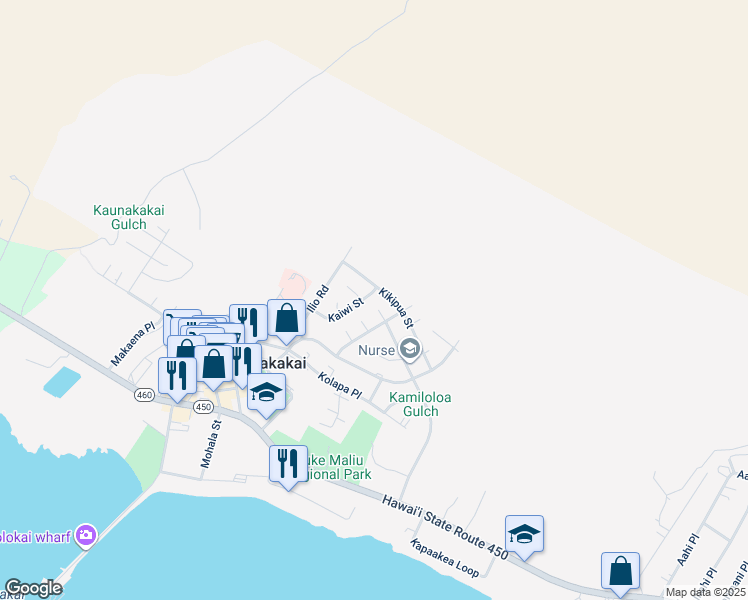 map of restaurants, bars, coffee shops, grocery stores, and more near 336 Kaiwi Street in Kaunakakai