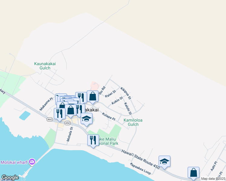 map of restaurants, bars, coffee shops, grocery stores, and more near 270 Lamaloa Place in Kaunakakai