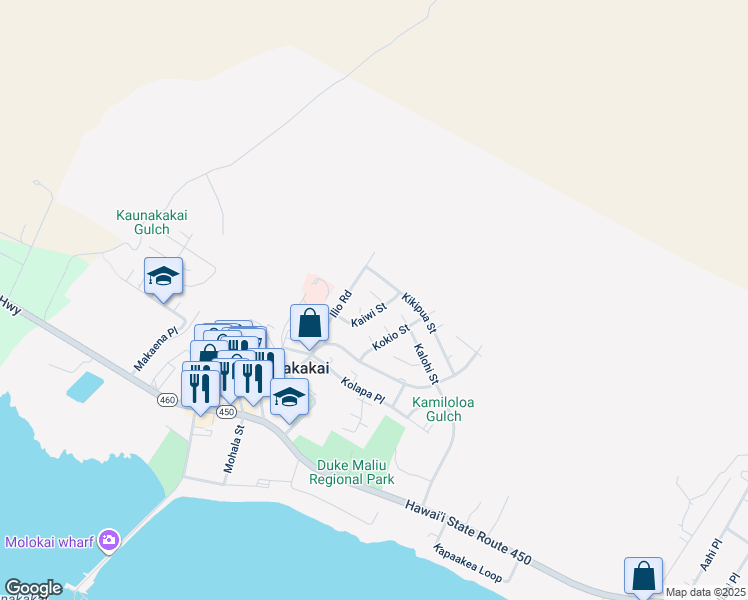map of restaurants, bars, coffee shops, grocery stores, and more near 270 Lamaloa Place in Kaunakakai
