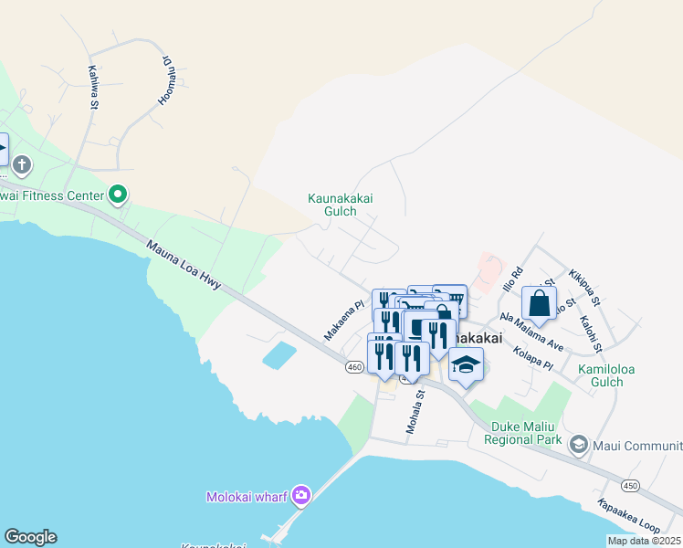 map of restaurants, bars, coffee shops, grocery stores, and more near 190 Makaena Place in Kaunakakai