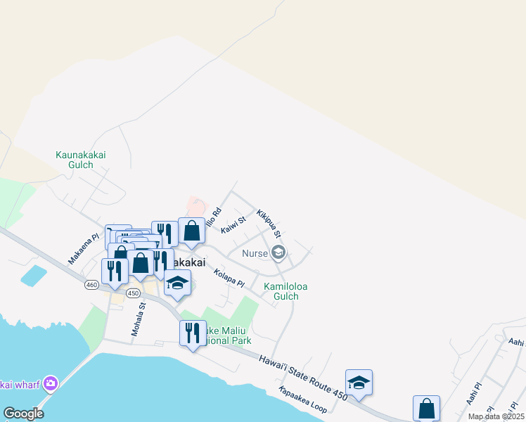 map of restaurants, bars, coffee shops, grocery stores, and more near 311 Kikipua Street in Kaunakakai
