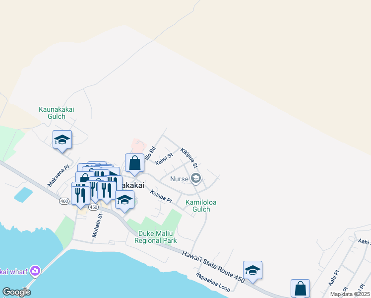 map of restaurants, bars, coffee shops, grocery stores, and more near 311 Kikipua Street in Kaunakakai