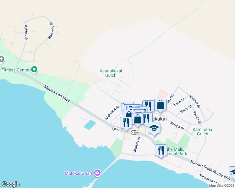 map of restaurants, bars, coffee shops, grocery stores, and more near 12 Moai Loop in Kaunakakai