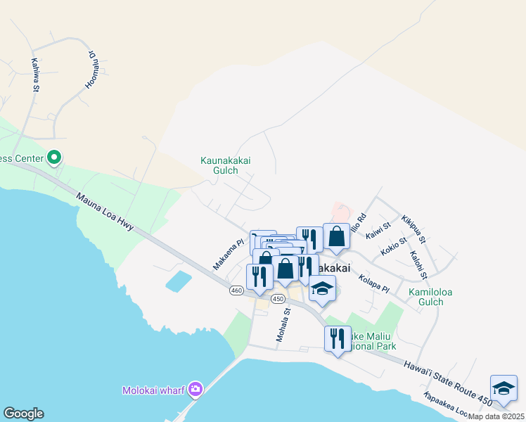 map of restaurants, bars, coffee shops, grocery stores, and more near 44 Moai Loop in Kaunakakai