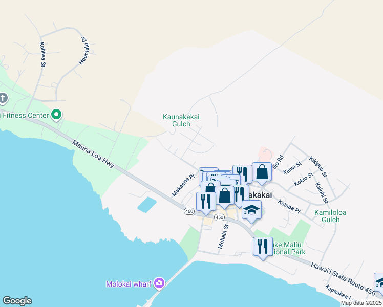 map of restaurants, bars, coffee shops, grocery stores, and more near 12 Moai Loop in Kaunakakai