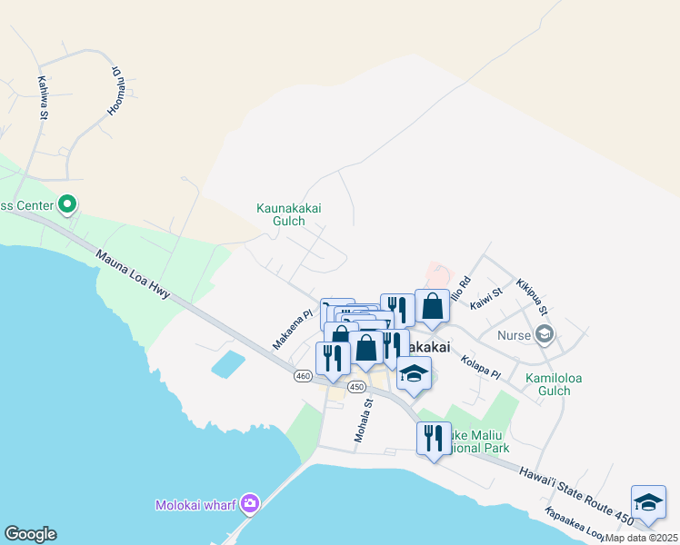 map of restaurants, bars, coffee shops, grocery stores, and more near 50 Moai Loop in Kaunakakai