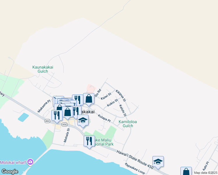 map of restaurants, bars, coffee shops, grocery stores, and more near 260 Kikipua Street in Kaunakakai