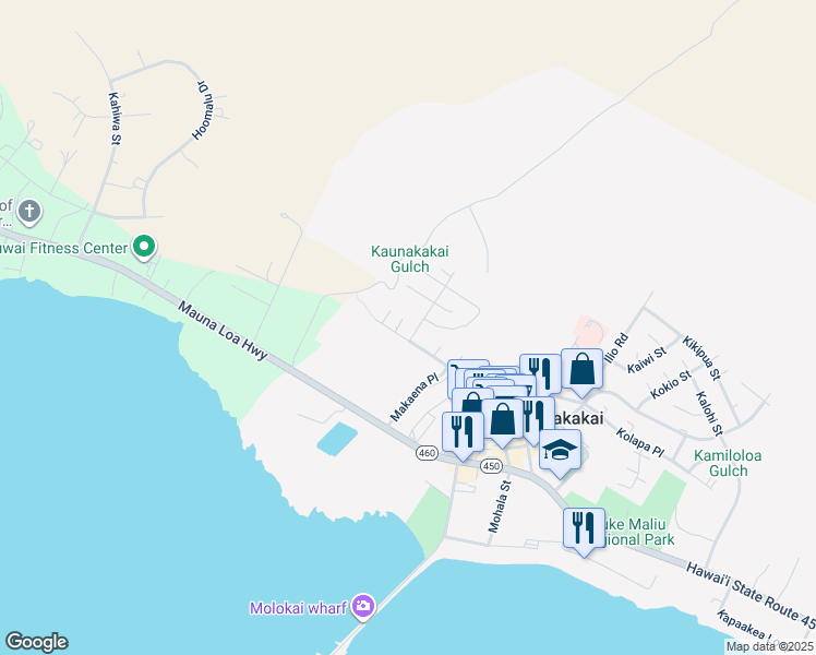 map of restaurants, bars, coffee shops, grocery stores, and more near 190 Makaena Place in Kaunakakai