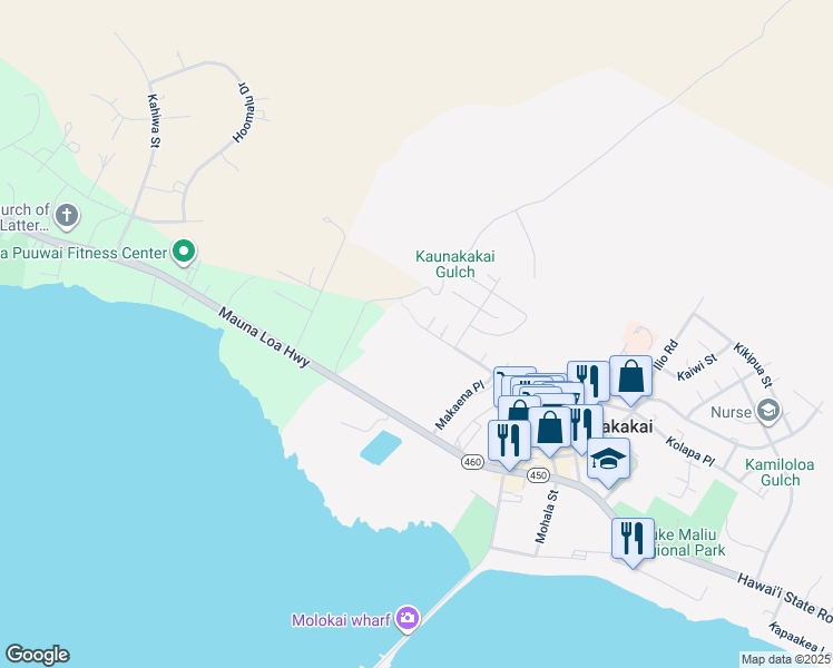 map of restaurants, bars, coffee shops, grocery stores, and more near 225 Makaena Place in Kaunakakai