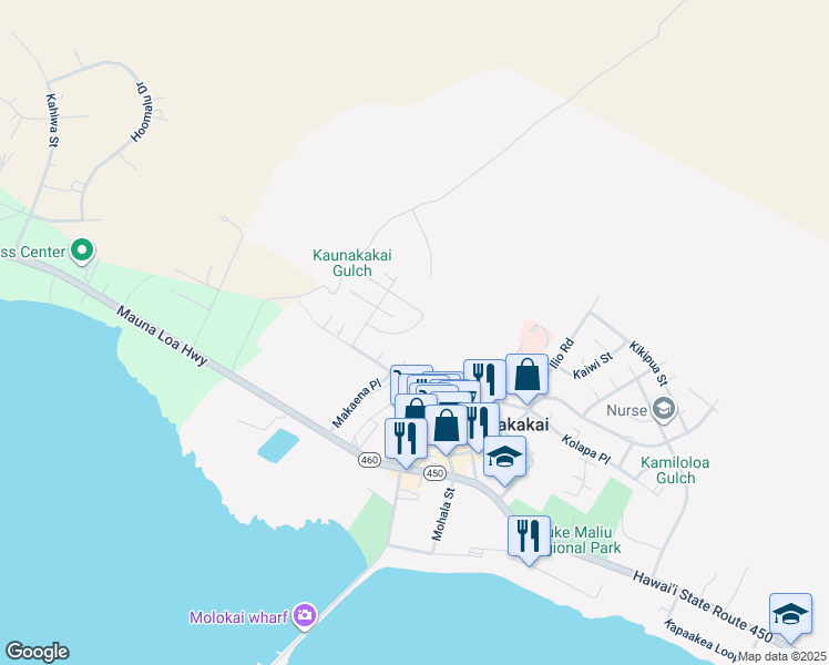map of restaurants, bars, coffee shops, grocery stores, and more near 50 Moai Loop in Kaunakakai