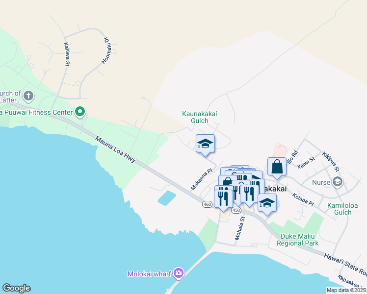 map of restaurants, bars, coffee shops, grocery stores, and more near 225 Makaena Place in Kaunakakai