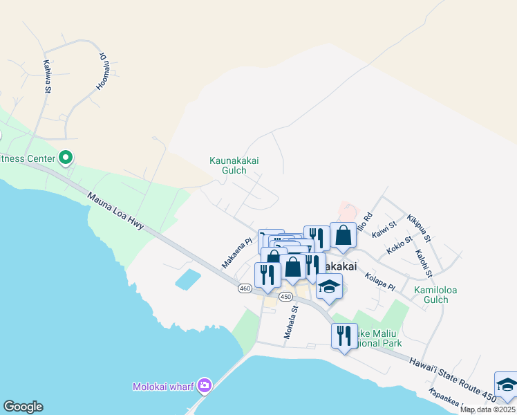 map of restaurants, bars, coffee shops, grocery stores, and more near 25 Moai Loop in Kaunakakai