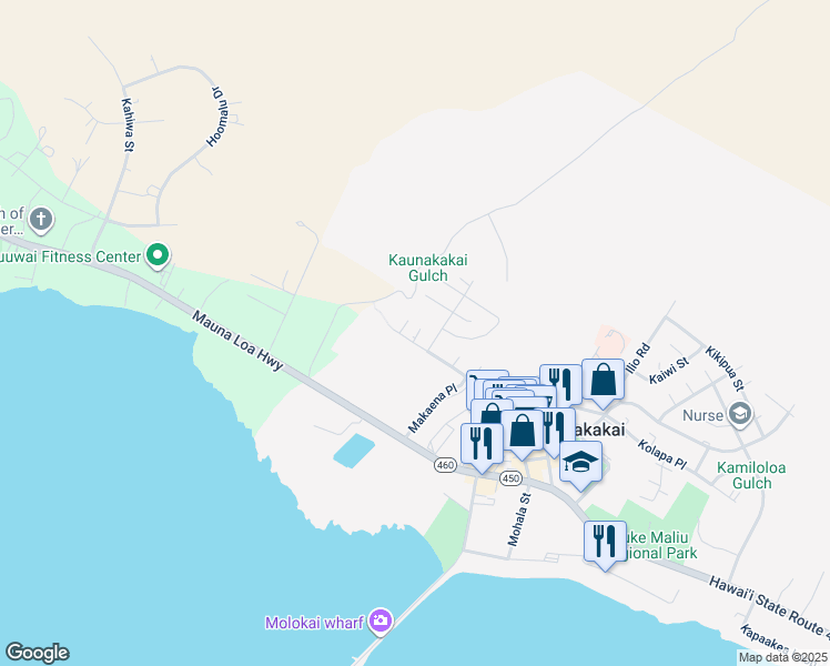 map of restaurants, bars, coffee shops, grocery stores, and more near 200 Makaena Place in Kaunakakai