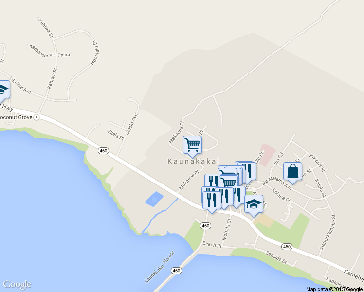 map of restaurants, bars, coffee shops, grocery stores, and more near 200 Makaena Place in Kaunakakai