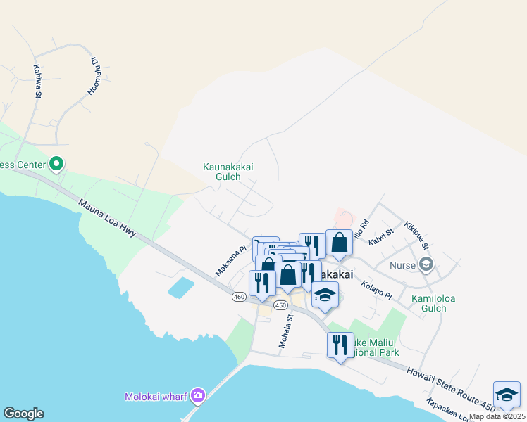 map of restaurants, bars, coffee shops, grocery stores, and more near 51 Moai Loop in Kaunakakai