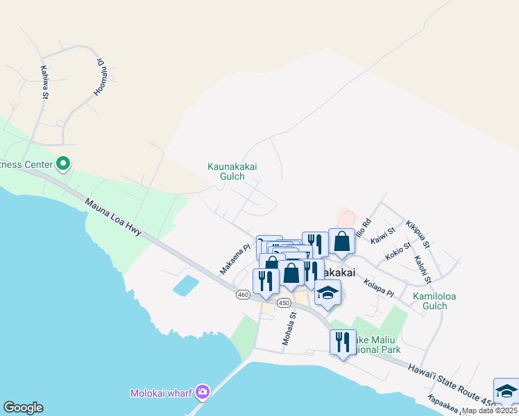 map of restaurants, bars, coffee shops, grocery stores, and more near 50 Moha Place in Kaunakakai