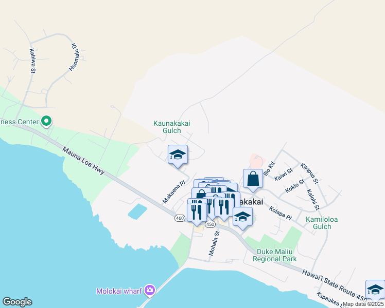 map of restaurants, bars, coffee shops, grocery stores, and more near 50 Moha Place in Kaunakakai