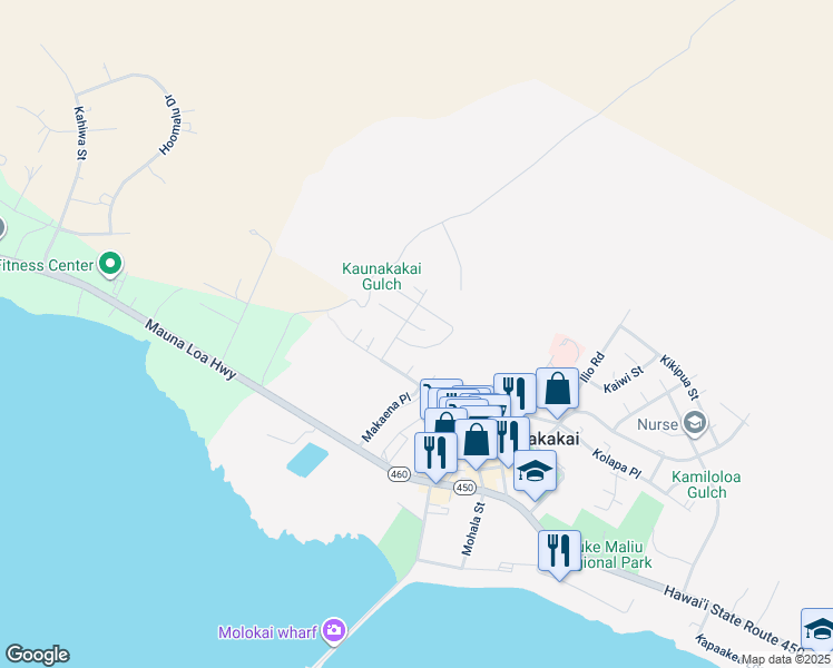 map of restaurants, bars, coffee shops, grocery stores, and more near 30 Moha Place in Kaunakakai