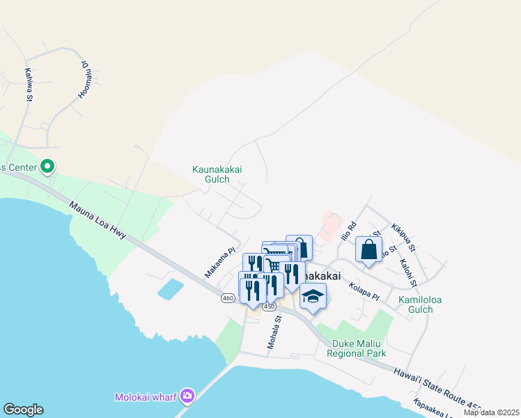 map of restaurants, bars, coffee shops, grocery stores, and more near 113 Moai Loop in Kaunakakai