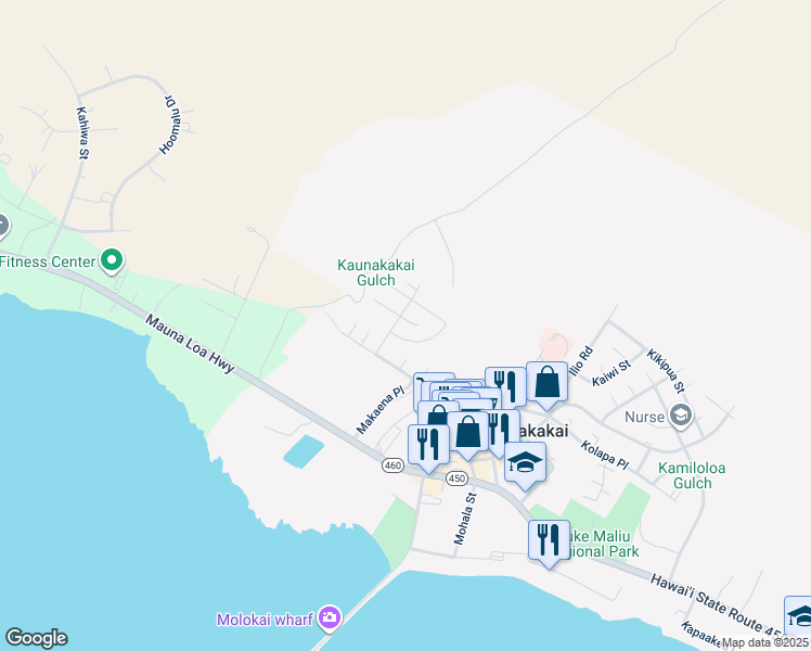 map of restaurants, bars, coffee shops, grocery stores, and more near 20 Moha Place in Kaunakakai