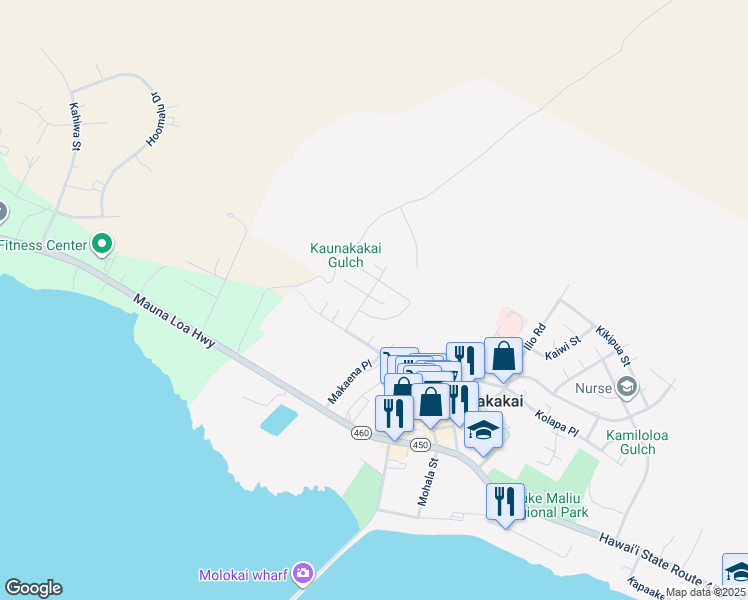 map of restaurants, bars, coffee shops, grocery stores, and more near 30 Moha Place in Kaunakakai