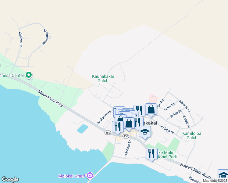 map of restaurants, bars, coffee shops, grocery stores, and more near 31 Moha Place in Kaunakakai