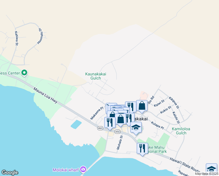 map of restaurants, bars, coffee shops, grocery stores, and more near 113 Moai Loop in Kaunakakai
