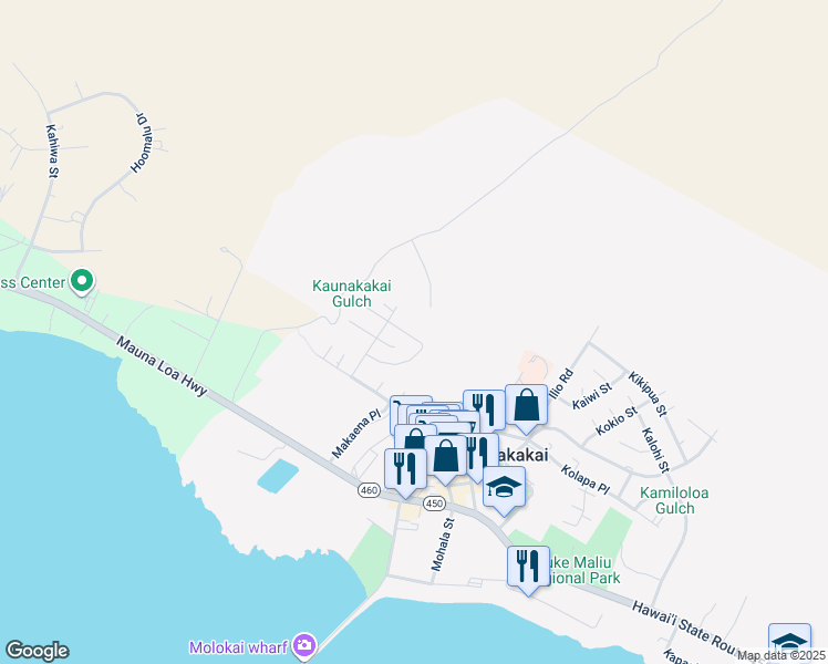 map of restaurants, bars, coffee shops, grocery stores, and more near 108 Moai Loop in Kaunakakai