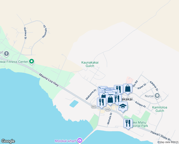 map of restaurants, bars, coffee shops, grocery stores, and more near 181 Miomio Place in Kaunakakai