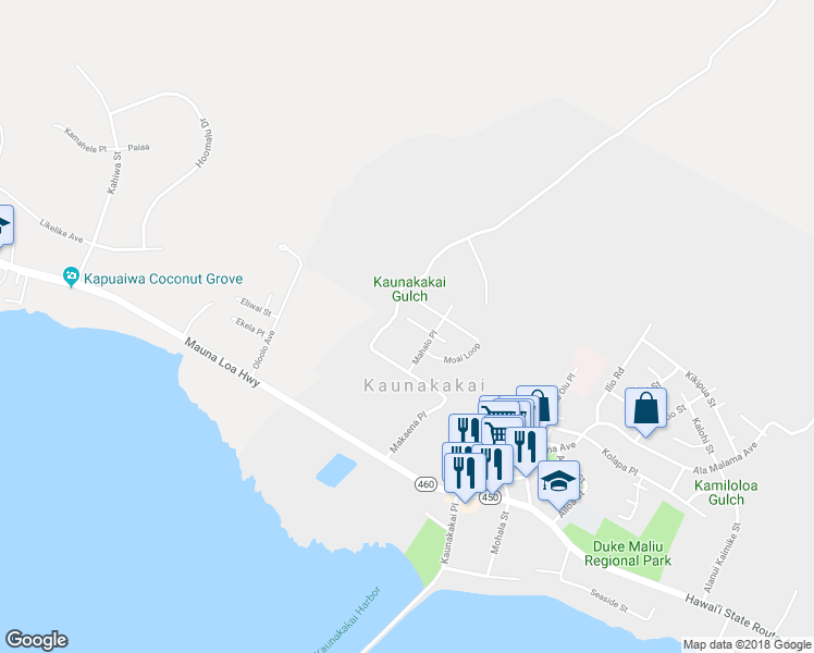 map of restaurants, bars, coffee shops, grocery stores, and more near 181 Miomio Place in Kaunakakai