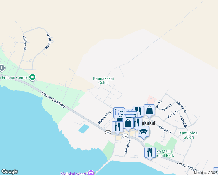 map of restaurants, bars, coffee shops, grocery stores, and more near 165 Mikia Place in Kaunakakai