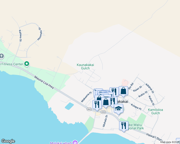 map of restaurants, bars, coffee shops, grocery stores, and more near 165 Mikia Place in Kaunakakai