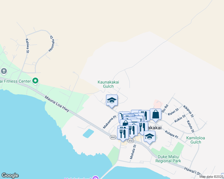 map of restaurants, bars, coffee shops, grocery stores, and more near 175 Mikia Place in Kaunakakai