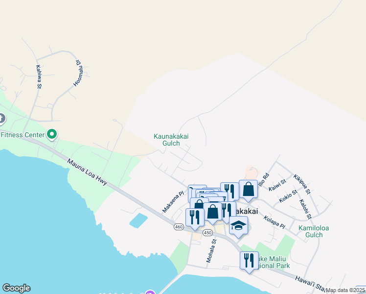 map of restaurants, bars, coffee shops, grocery stores, and more near 164 Mikia Place in Kaunakakai