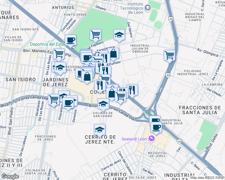map of restaurants, bars, coffee shops, grocery stores, and more near 3002 Boulevard Adolfo López Mateos in León