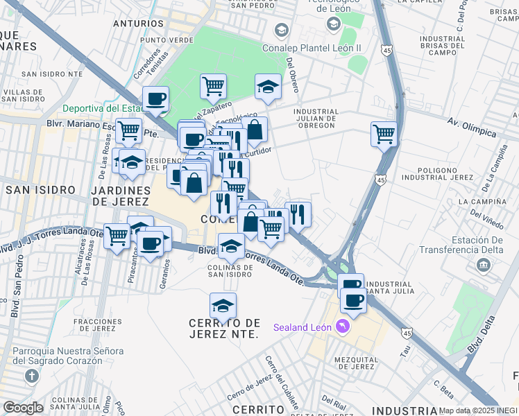 map of restaurants, bars, coffee shops, grocery stores, and more near 3002 Boulevard Adolfo López Mateos Ote. in León