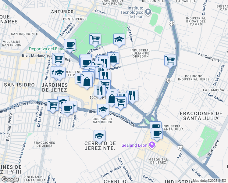 map of restaurants, bars, coffee shops, grocery stores, and more near 3002 Boulevard Adolfo López Mateos in León