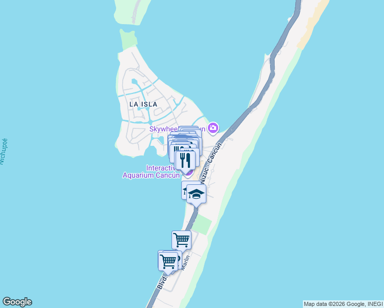 map of restaurants, bars, coffee shops, grocery stores, and more near km 12,5 Boulevard Kukulcan in Cancún